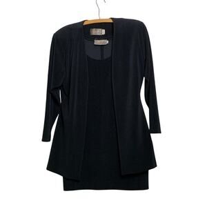 Susan By Night Vintage 90s Black Jersey Knit Jacket and Sheath Dress Set  Size L
